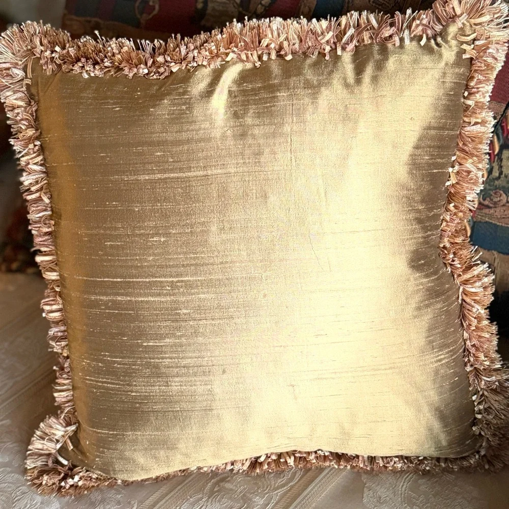 Beautiful silk Down Custom sewn and embroidered Floral Fringed Throw Pillow 18”